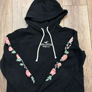Hollister Black Hoodie with Pink Floral Accents